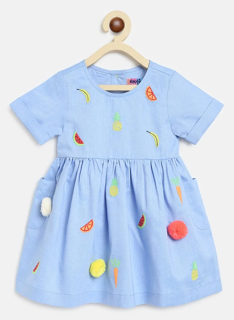 Nautinati  Girls' 100% Cotton Pineapple, Watermelon, Banana & Carrot Embroidery Fit & Flare Dress with Pom-pom Details & Double Pocket for Women | Best Price UAE